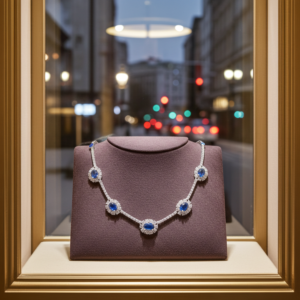 Collana collier tennis in oro bianco 18k e zaffiro e diamanti naturali 8ct