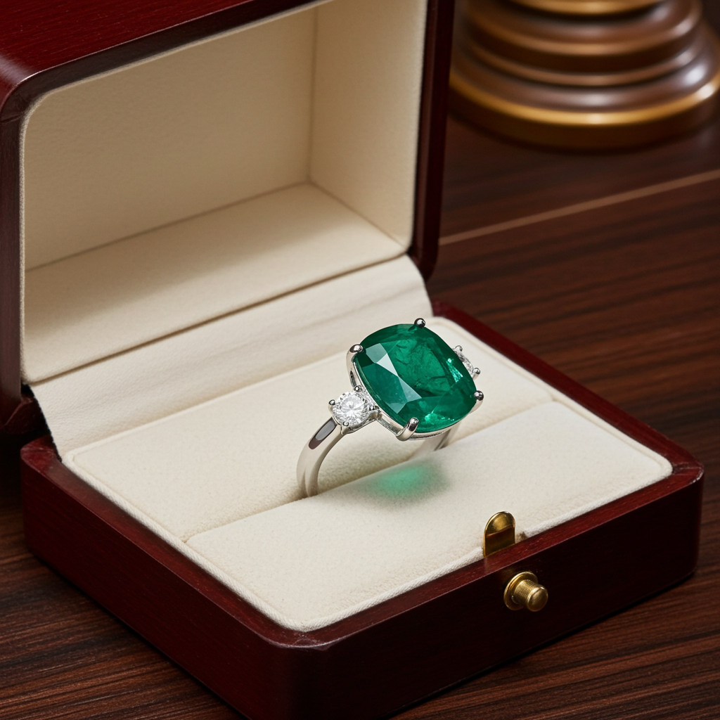 Anello trology in oro bianco e smeraldo 8.60 ct  e diamanti naturali 0.70ct