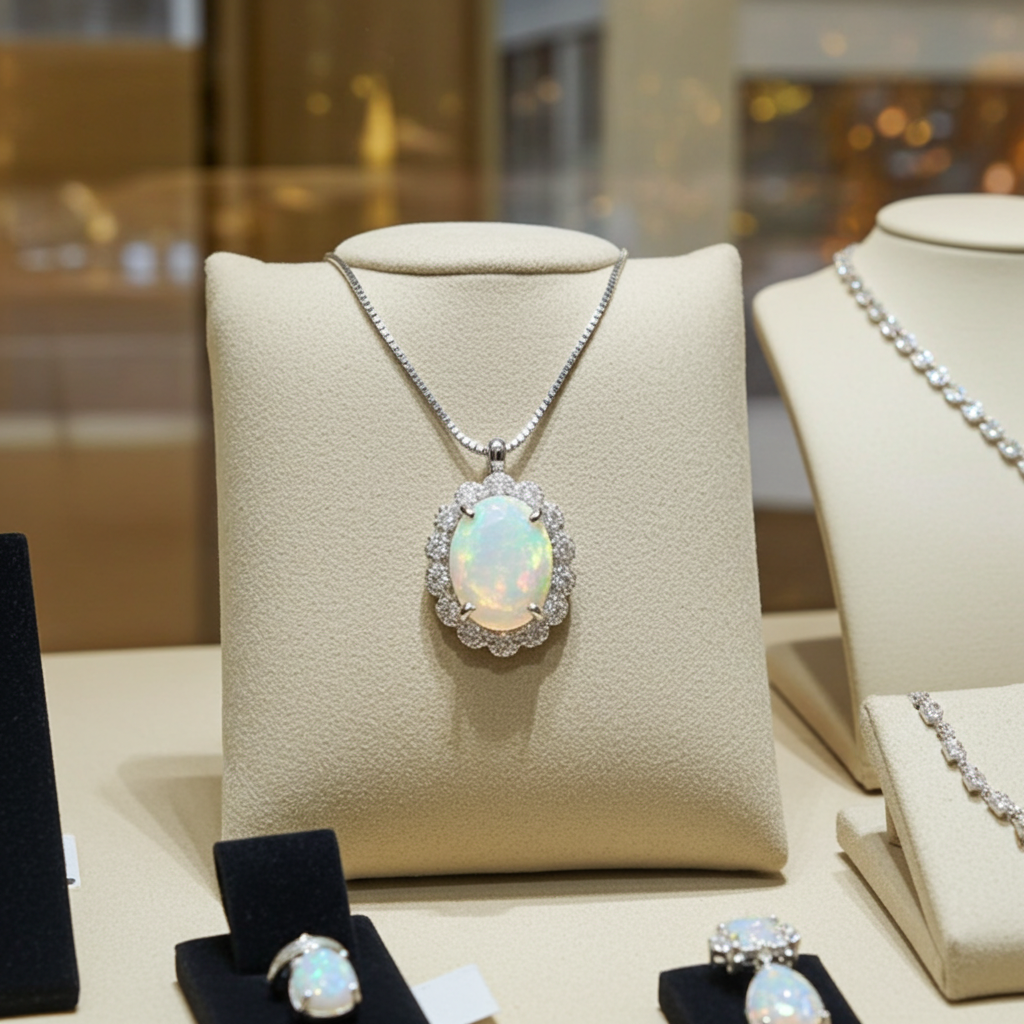 Collana in oro bianco 18k e diamante naturale e opale 3.00ct