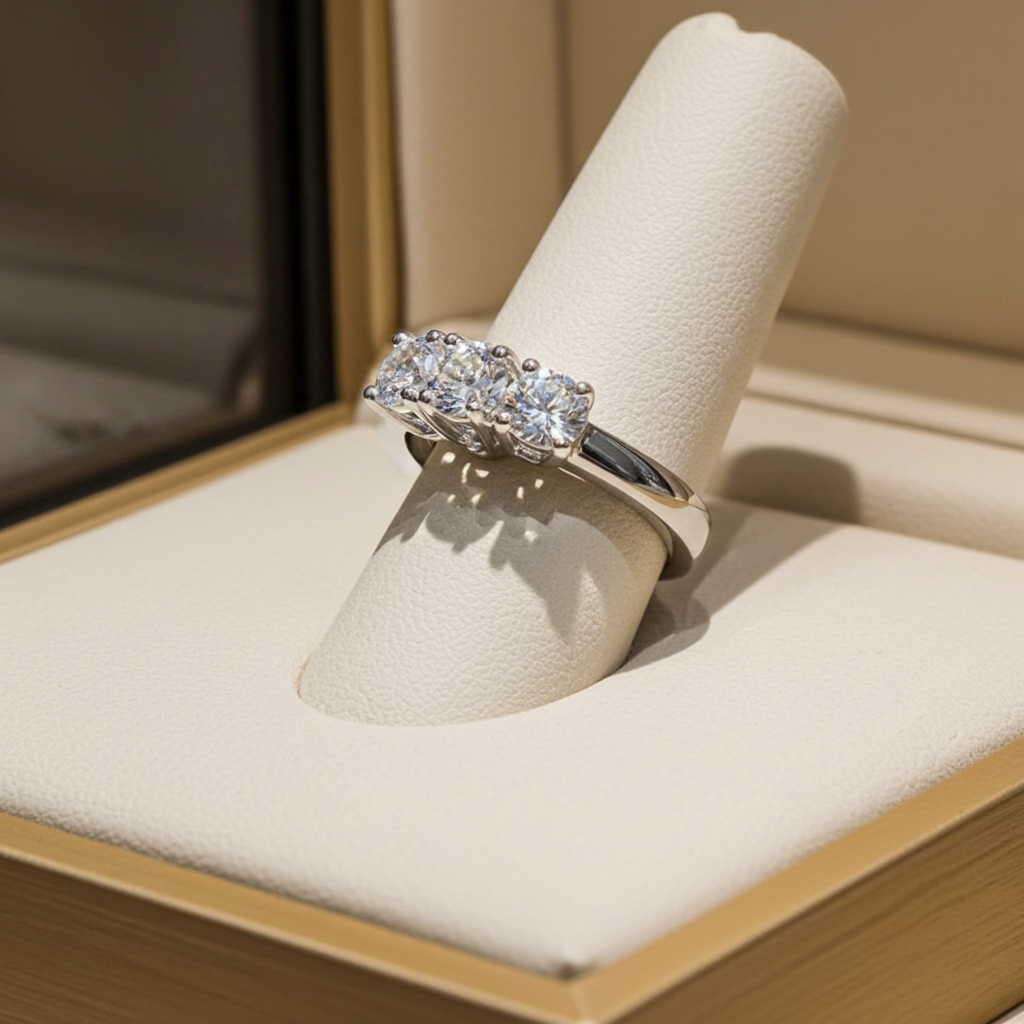 Anello Trilogy certificato IGI in oro bianco 18k e 3  diamanti naturali 0,74 ct